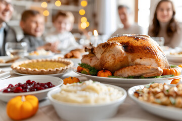 Family praying holding hands at Thanksgiving table. Flat-lay of feasting peoples hands over Friendsgiving table with Autumn food, candles, roasted turkey