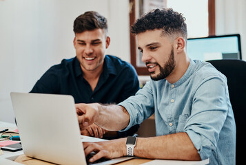 Poster - Training, happy team and business men on laptop for advice, review or feedback at creative startup. Smile, internship and mentor coaching on computer for learning, onboarding or teaching copywriting