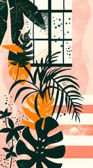 Wall Mural - Abstract Tropical Leaves Illustration with Window