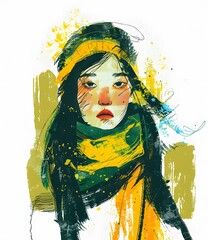 Wall Mural - Woman Wearing a Green and Yellow Scarf Illustration