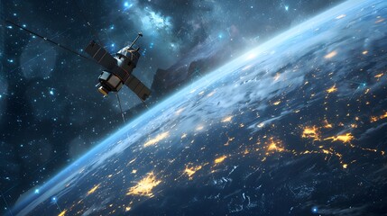 satellite orbiting earth: a satellite orbiting earth, with the planet and stars in the background.