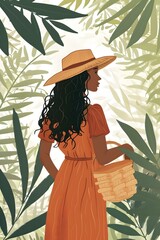 Sticker - Woman in Orange Dress and Hat Walking in a Tropical Forest