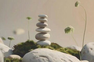 Poster - Balanced Stones on Moss with Wildflowers