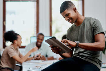 Poster - Company, African man and reading with tablet, smile and project management in Egypt as professional. Male person, employee and tech as staff, creative and web designer for business or coworking space