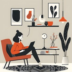 Wall Mural - Woman Relaxing in a Comfortable Chair and Working on a Laptop