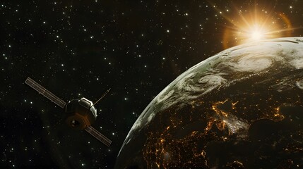 Wall Mural - satellite orbiting earth: a satellite orbiting earth, with the planet and stars in the background.