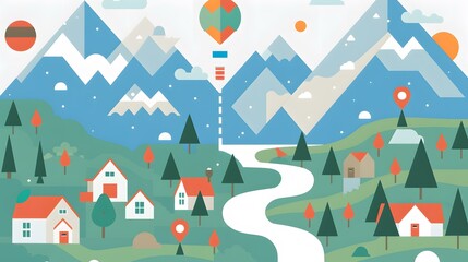 Canvas Print - Colorful Flat Design Illustration Of Mountain Landscape With Houses