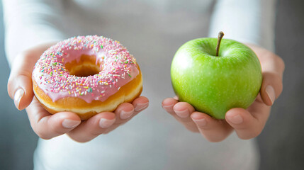 Wall Mural - Woman holding donut in one hand and apple in the other. Food choices. Healthy eating. Fast food and sweets