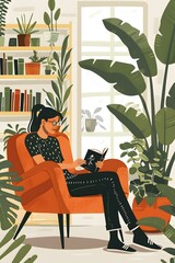 Sticker - Woman Reading a Book in a Comfortable Chair Surrounded by Plants