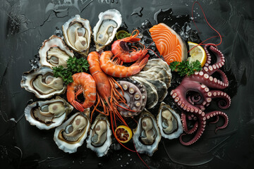 set of seafood with shrimp oysters fish and octopus, top view