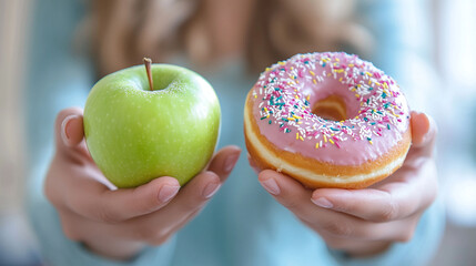 Wall Mural - Woman holding donut in one hand and apple in the other. Food choices. Healthy eating. Fast food and sweets