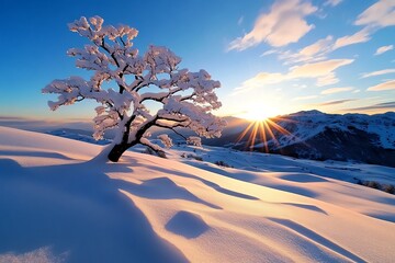Poster - Beauty of Winter in the soft hues of dawn, illustrated with the first light of day casting a gentle pink and blue glow over a snowy landscape