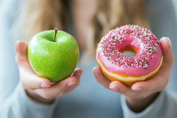 Wall Mural - Woman holding donut in one hand and apple in the other. Food choices. Healthy eating. Fast food and sweets