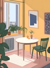 Sticker - Minimalist Illustration of a Yellow Room with a Table and Chair