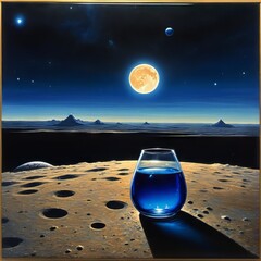 glass with blue liquid at night in a dark rocky landscape and full moon in the sky