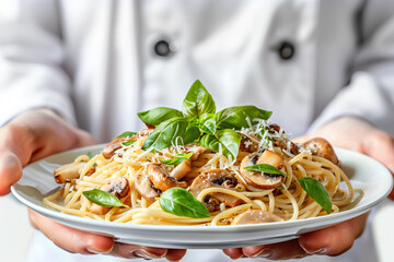 Wall Mural - pasta mushrooms with chicken parmesan and basil  on plate in hand of chef