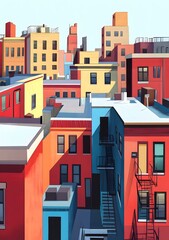 Wall Mural - Colorful Cityscape Illustration with Buildings and Windows