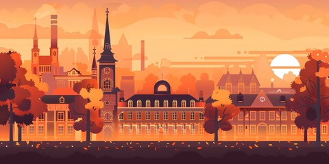 Wall Mural - Autumn Sunset Cityscape Illustration