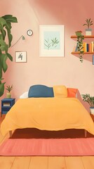 Wall Mural - Cozy Minimalist Bedroom Interior Illustration with Yellow Bed and Pink Wall