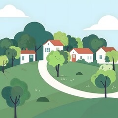 Poster - Cartoon Illustration of Green Trees and Houses on Hill