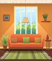 Canvas Print - Living Room Interior Design with Orange Sofa and Green Rug