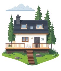 Cute Cartoon Illustration Of White House With Wooden Deck In Green Forest