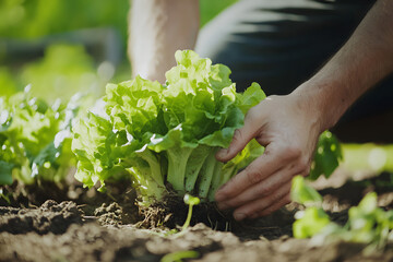 Sticker - Close up of farmer picking up green lettuce salad