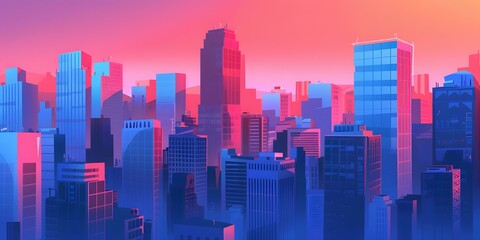 Canvas Print - Neon Cityscape Illustration in Pink and Blue