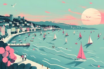 Poster - Sailing Boats On Calm Waters With Town In Background