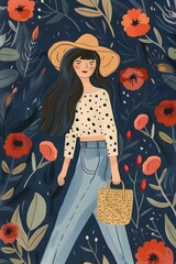 Wall Mural - Woman in a Hat Walking Through a Garden