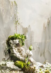 Wall Mural - Green Succulents Growing On A White Rock