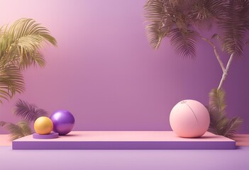 3D render of a purple summer concept with an empty podium, beach ball, tree, and sunglasses