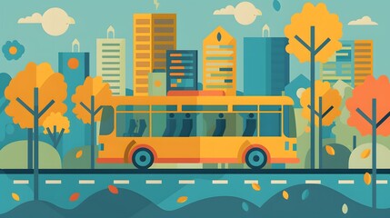 Poster - Yellow Bus Driving Through City with Autumn Trees