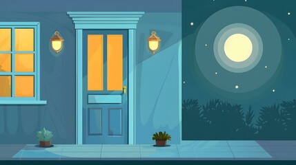 Poster - Night View of a House with Door and Window