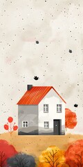 Wall Mural - Autumn House Illustration with Red Roof