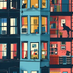 Wall Mural - City Apartment Building Illustration with People and Cats