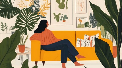 Wall Mural - Woman Relaxing on a Yellow Sofa Surrounded by Plants