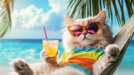 A relaxed cat enjoying a tropical vacation on a hammock with sunglasses and a drink by the ocean during sunset