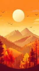 Poster - Autumn Landscape With Mountains and Sun