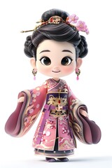 Wall Mural - Cute Cartoon Asian Girl in Traditional Chinese Dress