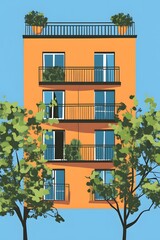 Wall Mural - Orange Building With Green Trees Illustration