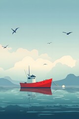 Poster - Red Fishing Boat In The Sea With Mountains In The Background