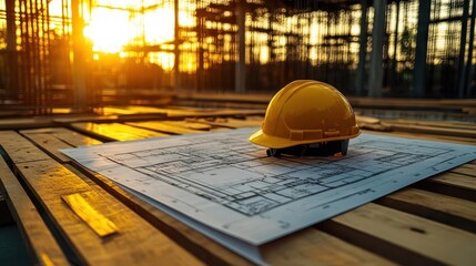 architectural blueprints and yellow safety helmet on wooden table at construction site symbolizing planning and safety in building