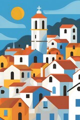 Wall Mural - Mediterranean Village Illustration with Church and Sun