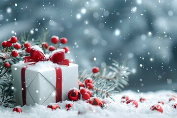 Wall Mural - A white gift box sitting on top of snow covered ground