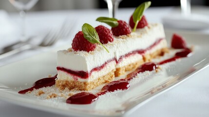 Wall Mural - A sweet dish presented on an elongated platter with crumbs and raspberry sauce