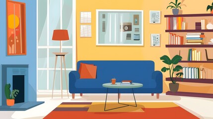 Wall Mural - Modern Living Room Interior Design with Sofa, Bookshelf, and Fireplace