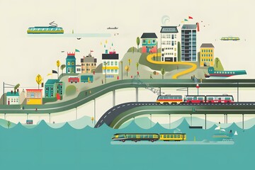 Wall Mural - Cityscape Illustration with Buildings, Trains, and Boats