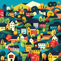 Wall Mural - Colorful Geometric Village Illustration