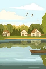 Poster - Peaceful Lake House Landscape Illustration